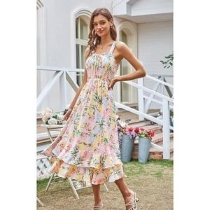 Grace Karin‎ NWT Floral Smocked Midi Dress Pastel Ruffle Tiered Sun Dress Small